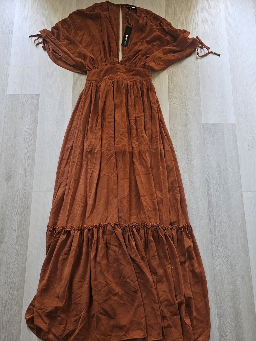 Fashion Nova Rust Brown Maxi Dress with Tie Sleeves